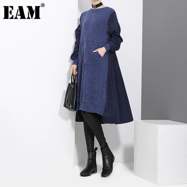 

[eam] women blue irregular knitting pleated big szie dress round neck long sleeve loose fashion autumn winter 2021 jd4870 casual dresses, Black;gray