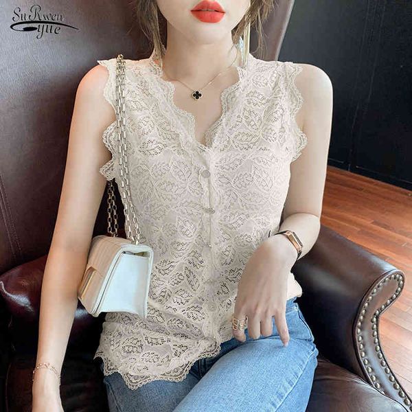 

summer women tank lace sleeveless cardigan slim v-neck clothes korean bottoming vest blusas 14479 210521, White
