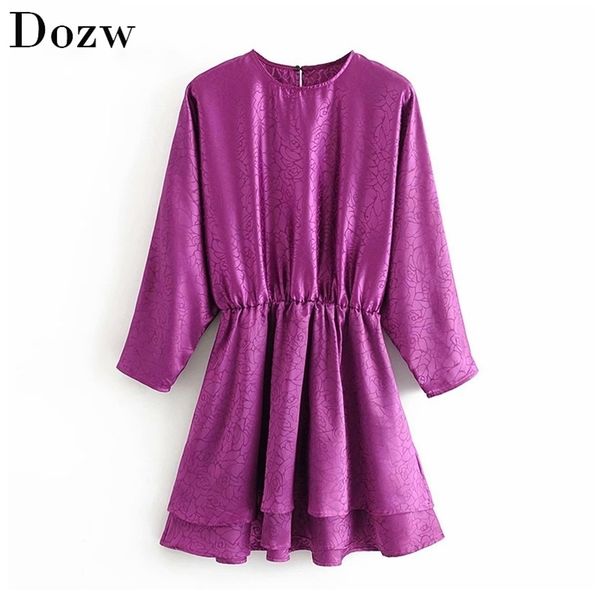 

lady solid satin dress batwing long sleeve loose mini o neck fashion female a line hollow out sundress robe femme 210515, Black;gray