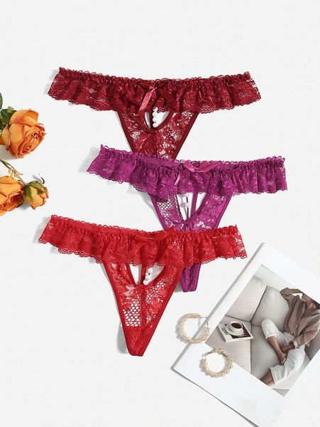 

3pack plus floral lace bead decor panty 41m5#, Black;white