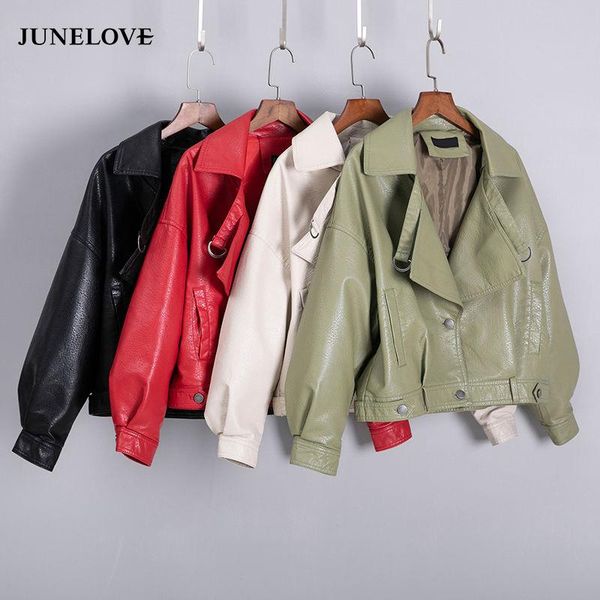 

women's jackets junelove 2021 spring short loose pu leather jacket soft faux street casual outwear high waist retro coat, Black;brown