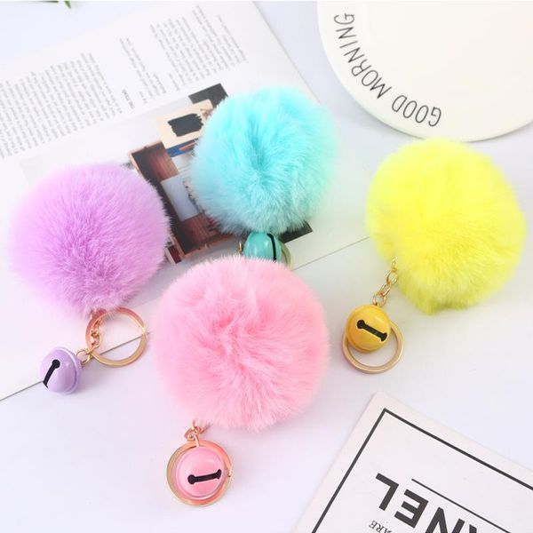 Pequeno Bell Pompom Chave Anéis Jóias 8cm Bola Fluffy Keychains Faux Coelho Pele Keyfobs Para Meninas Mulheres Moda Acessórios