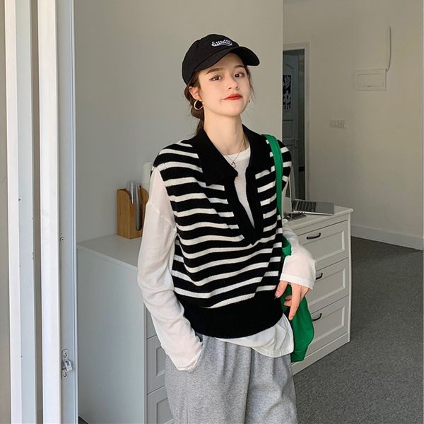 

vest vest preppy style womens spring and autumn new korean style retro lazy style loose striped v-neck sleeveless small sweater, Black;white