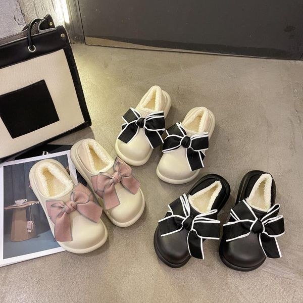

slippers winter cute bowknot ladies home furry warmth fluffy outdoor fashion design bag heel flat shoes women, Black