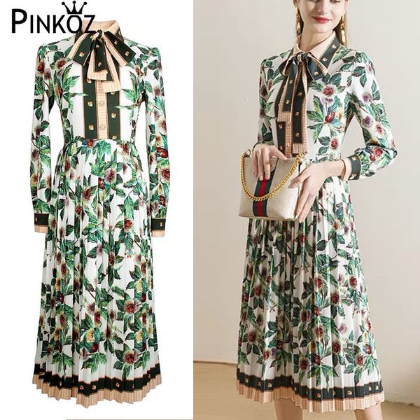 Colarinho Colar Verde Tropical Peinted Casual Elegante Pleated Midi Vestidos Primavera Verão Diário Desgaste Boho Manga Longa Floral ZA 210421