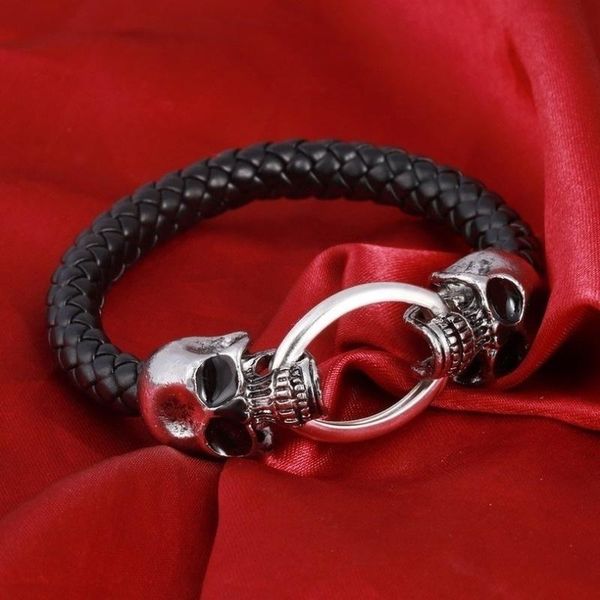 

charm bracelets domineering punk black braided leather bracelet stainless steel skull magnetic buckle fashion men's birthday gift, Golden;silver