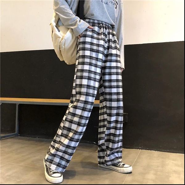 

womens capris black and white plaid pants loose high waist was thin ankle length wide leg korean kawaii, Black;white