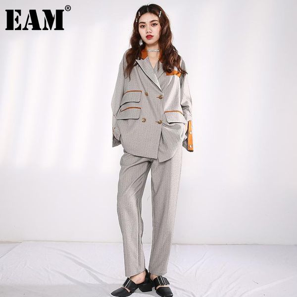 

[eam] wide leg pants silver big size two piece suit lapel long sleeve loose fit women fashion spring autumn 2021 1db84510 women's, White