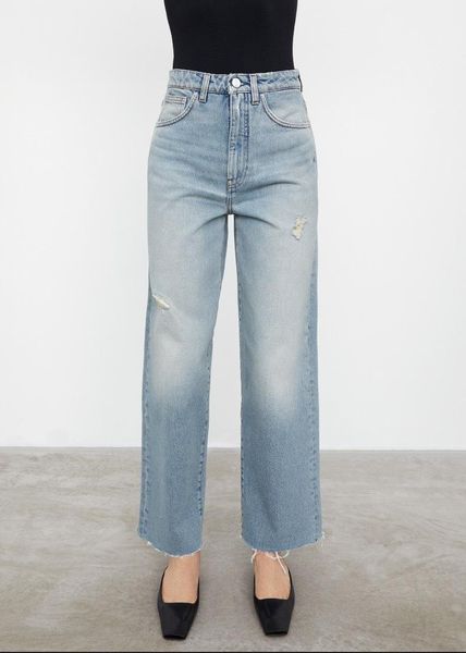 

women's jeans vintage washed straight pants ripped hems cotton women, Blue