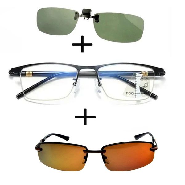 

sunglasses 3pcsrectangular metal black business reading glasses men women + polarized sports driving clip, White;black