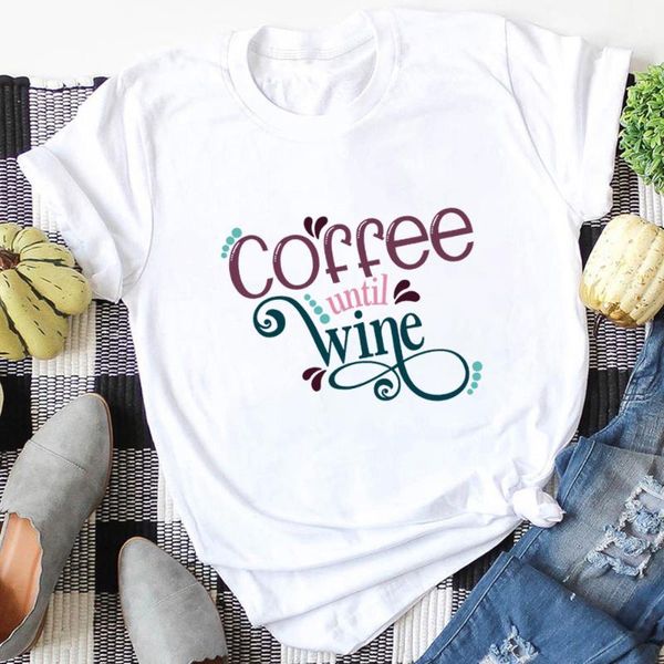 

women's t-shirt coffee until wine 100%cotton print women tshirt lover funny summer autumn casual short sleeve girls party tee, White