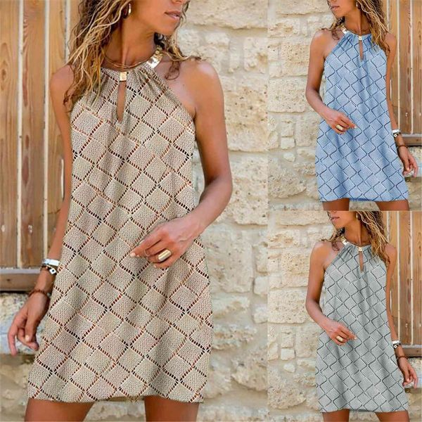 

casual fashion metal hanging neck womens dresses diamond print sleeveless vestido de mujer summer, Black;gray