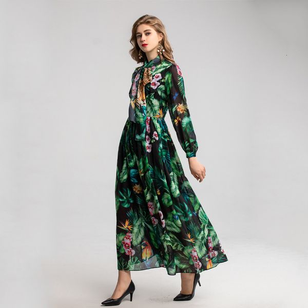 

dress spring women bow collar wild animal prints sleeve casual long maxi dress green, Black;gray