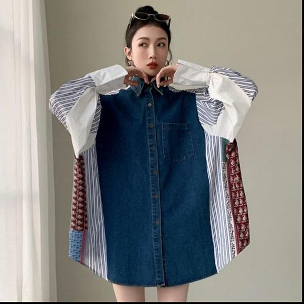 

[ewq] womens dress spring female loose vintage turn down collar single breasted panelled print long sleeve straight shirt 8y047, Black;gray