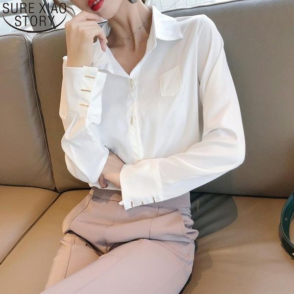 

autumn fashion long sleeve shirt women turn-down collar pocket blouse office lady button feminina clothes chic blusa 11360 women's blou, White