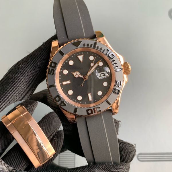 

luxury men watch yacht rubber strap rose gold automatic movement mechanical stainless steel watches master male wristwatch 40mm ym, Slivery;brown