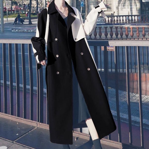 

women's trench coats [ewq] korea chic casual trend women lapel double-breasted loose fashion contrast color lace-up coat autumn 2021 16, Tan;black