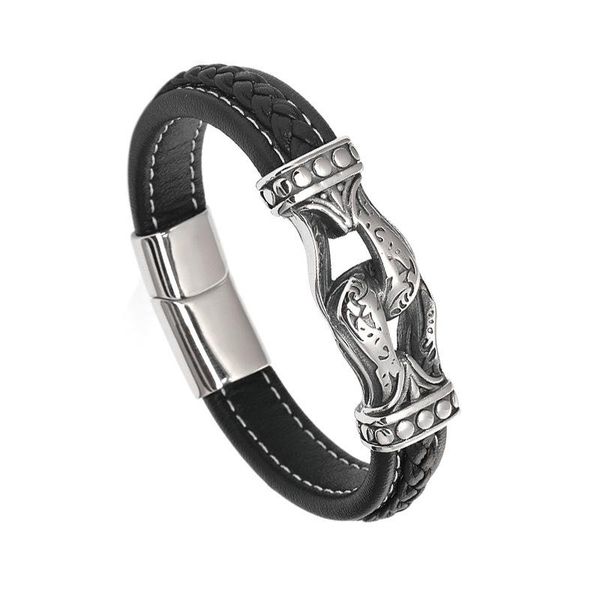 

beaded, strands fashion charm leather jewelry double stirrup tibetan men's stainless steel bracelet handmade, Black