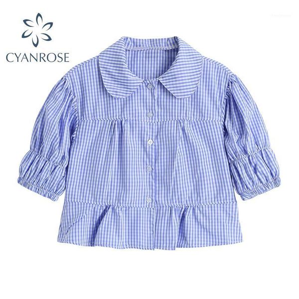 

women's blouses & shirts 2021 summer vintage plaid crop blouse fashion collar puff short sleeve female casual sweet ruffle blusas, White