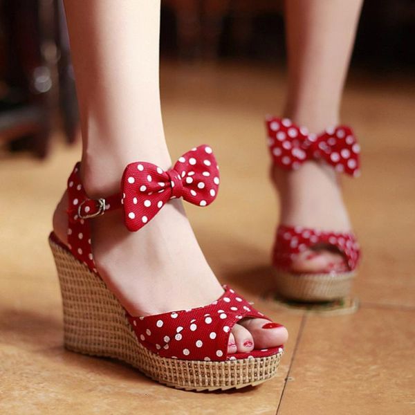 

sandals summer platform shoes ladies polka dot bow wedges heels women high cute red blue zapatos mujer z176, Black