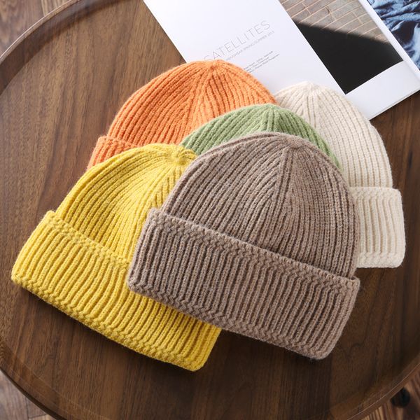

korean japanese style pure color warm keeping curled brim knitted hat outdoor sports trendy male student couple woolen sweet potat, Blue;gray