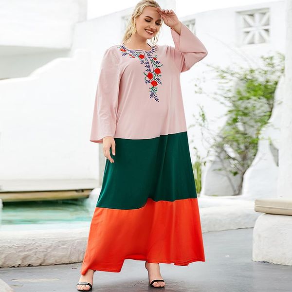 

ethnic clothing fashion plus size women's contrast color stitching embroidery long-sleeved muslim casual long skirt women dress, Red