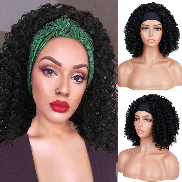 

women's black headscarf style explosive hair with wig head cover small curl, Black;brown