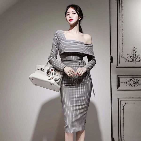 

casual dresses 2021 women midi one shoulder dress year print striped christmas ladies sheath split bodycon winter, Black;gray