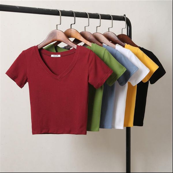 

v neck womens short sleeve summer red clothing street slim basic shirt woman korean cotton fashionable, White