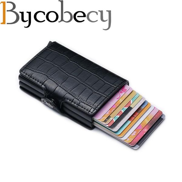 

card holders bycobecy anti rfid men leather holder double layers metal id case aluminium protection male travel wallet, Brown;gray