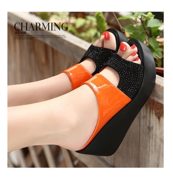 

slippers wedge women 2021 summer fashion sandals wear flip flops rhinestone thick bottom casual women's, Black