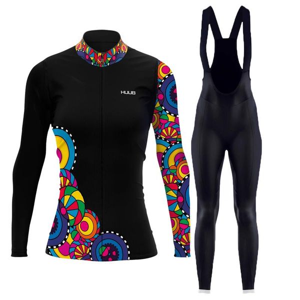 

racing sets huub 2022 women long sleeve cycling jersey set bib pants ropa ciclismo bicycle clothing mtb bike uniform ladies clothes, Black;blue