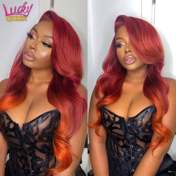 

ombre orange ginger colored human hair wigs for women 13x4 hd lace front lucky queen brazilian body wave closure, Black;brown
