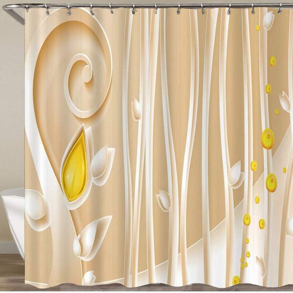 

shower curtain,modern art abstract lotus flower buds with long swirl stem champagne background,polyester fabric waterproof bath