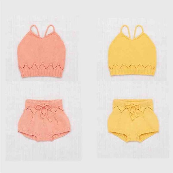 SS Kids Girls Summer Knitting Clothes Sets Misha Puff Bambini Crochet Sling Tops e Bloomers Baby Girl 210619