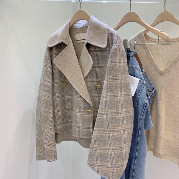

women's wool & blends dongdamen korean autumn and winter double breasted plaid coat color reversible cashmere, Black
