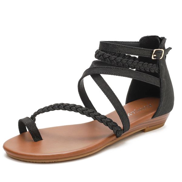 

new roman sandals, fabric soft and comfortable, round toe flat, classic, lady, luxury designer matching dress, Black
