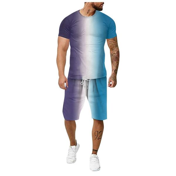 

men's tracksuits 3d gradient print sets summer fitness sports suit t-shirt + shorts sportswear casual drawstring men clothing camisetas, Gray