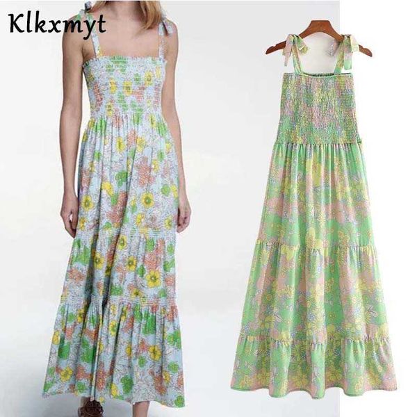 

klkxmyt za summer dress women fashion floral printed midi strappy vintage bow tie straps ruffled hem female es 210527, Black;gray
