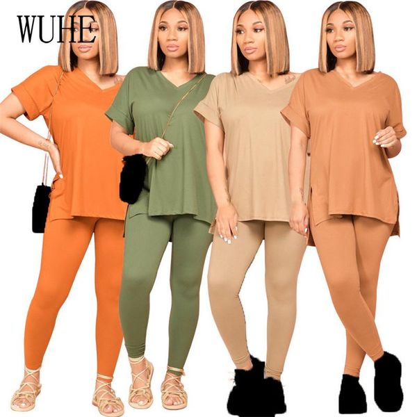 

women's two piece pants yeya casual tracksuits outfits short sleeve v neck side split crop tight pencil joggers sports fitness suits, White