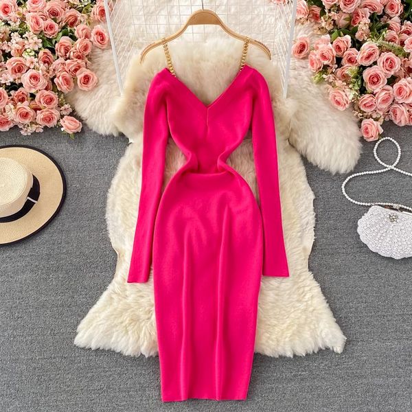 

casual dresses v-neck women's dress solid color elastic high waist slim knit female 2021 fashion autumn winter, Black;gray