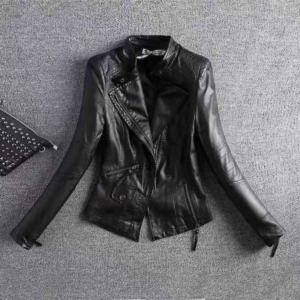 

women's leather & faux 2021 autumn women silm stand collar motorcycle biker coat short pu female punk streetwear jacket a188, Black
