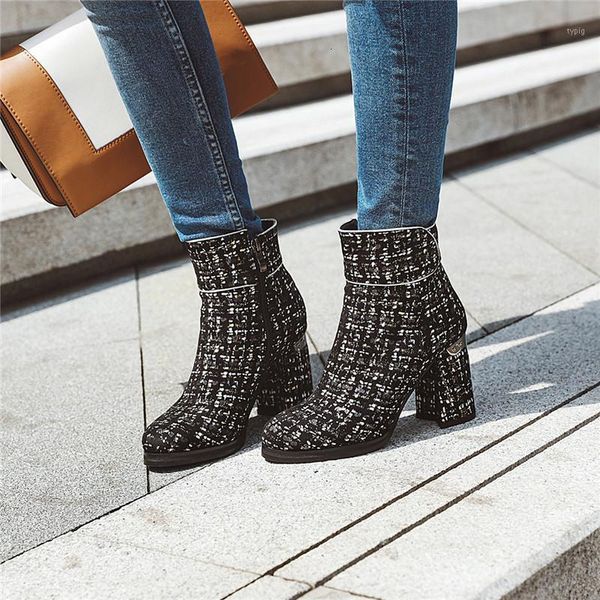 

boots ymechic arrival autumn winter plaid black red ladies womens ankle block high heels bootie heeled shoes plus size1 tl6w