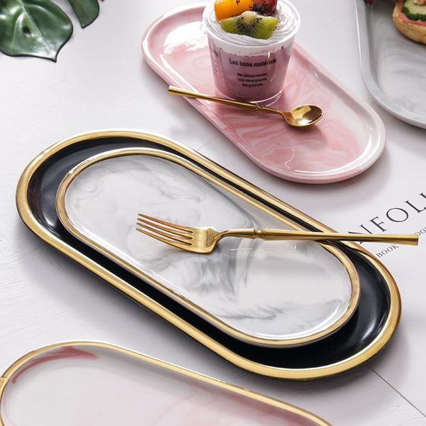 

kitchen storage & organization gold inlay marble dinner plate oval ellipse fruit tray decorative jewelry dessert dish deskwedding decora