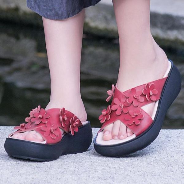 

slippers johnature summer 2021 genuine leather women shoes outside wear slides wedges handmade platform ladies, Black