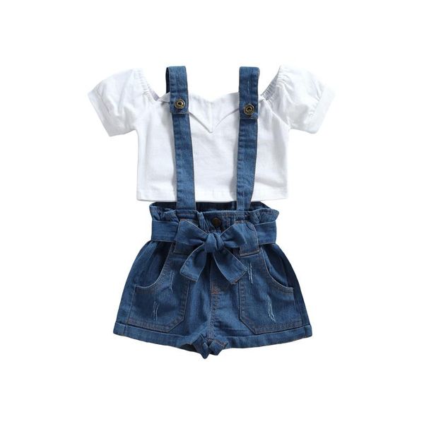 

clothing sets girls casual two-piece set white solid color t-shirt and bow overalls with pockets 2021 1-6y kids children's