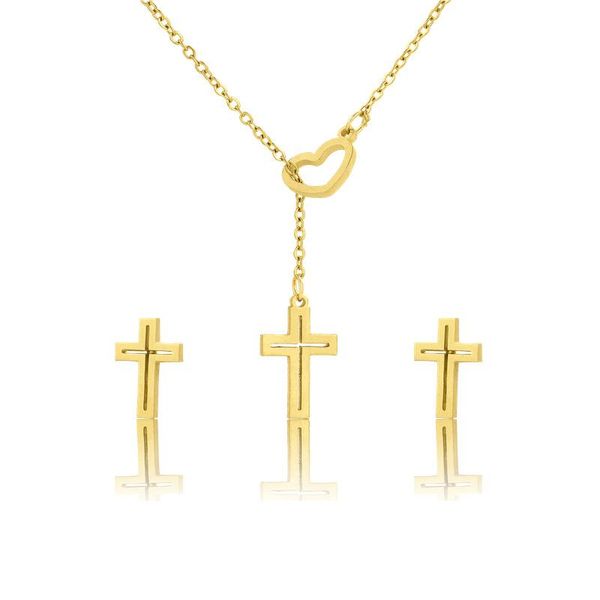 

earrings & necklace women's cross pendant sets for women african dubai gold color stainless steel wedding jewelry set 2021, Silver