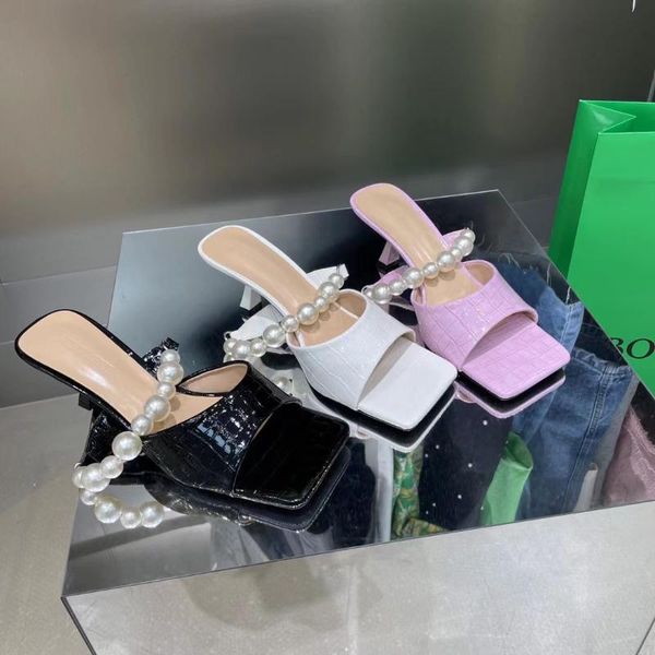 

slippers fashion women purple/black/white elegant pearl chain slides sandals thin high heels solid color mules shoes flip flops