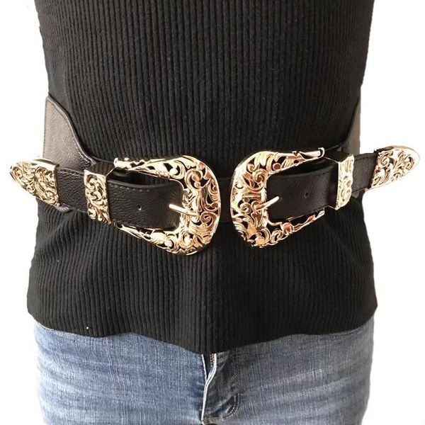 

belts [ewq] pu leather belt straps accessory 2021 spring vintage women gold double buckle faux retro, Black;brown