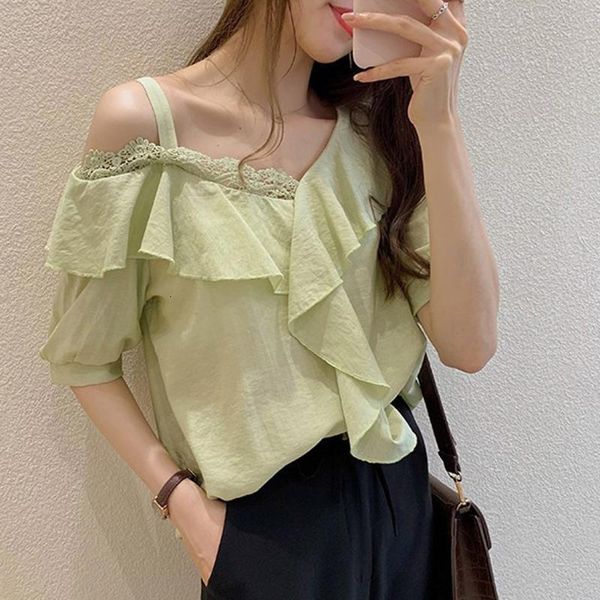 

women's blouses & shirts plus size women chiffon v-neck short sleeve cold shoulder floral ruffles ladies folding style 8tyi, White